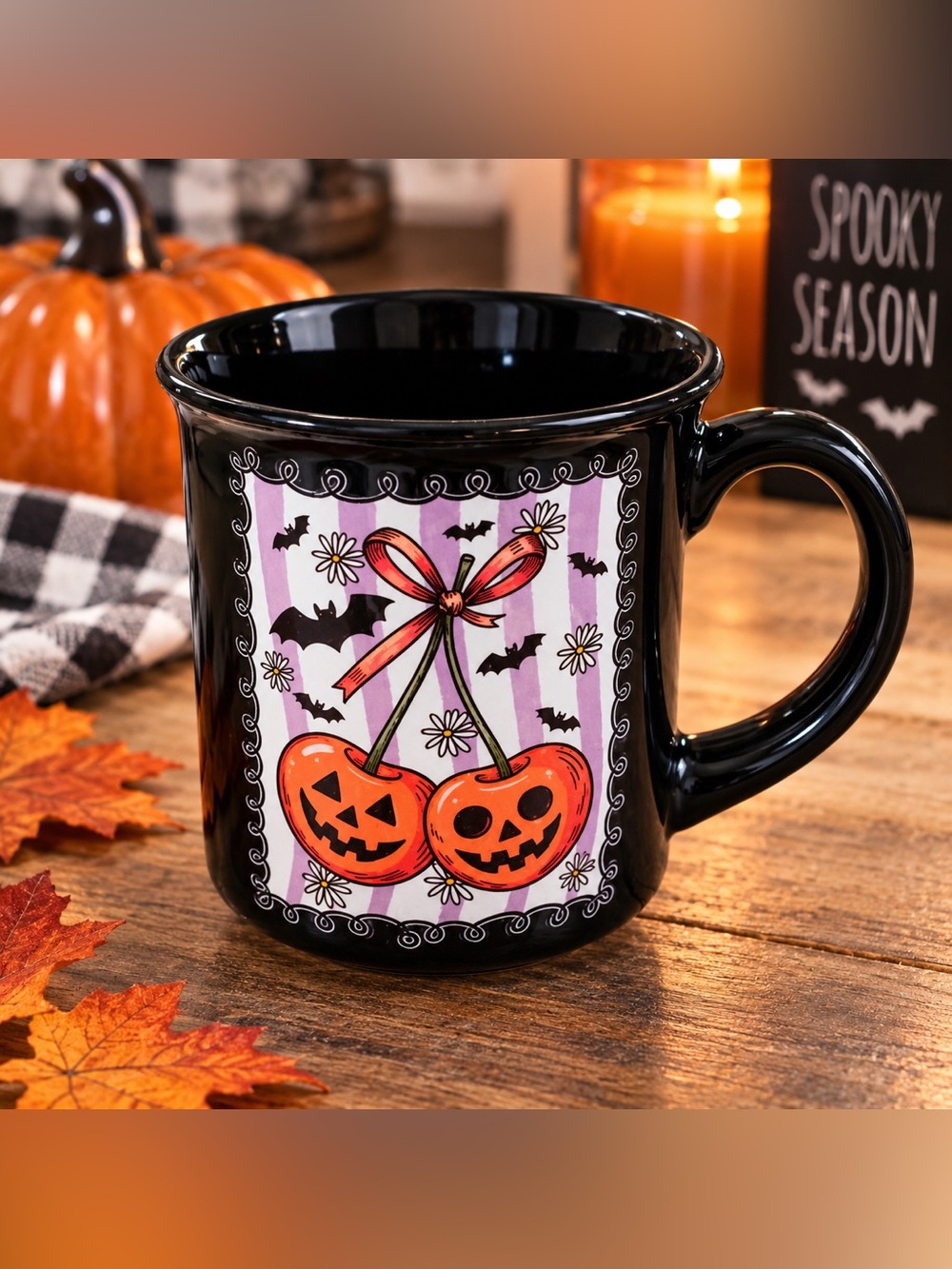 Black Halloween Pumpkin Cherry Ceramic Mug